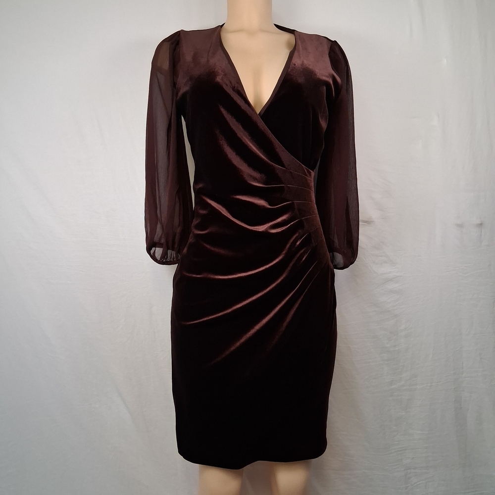 DKNY Deep Brown Velvet Wrap Midi Dress with Sheer Sleeves Size 4